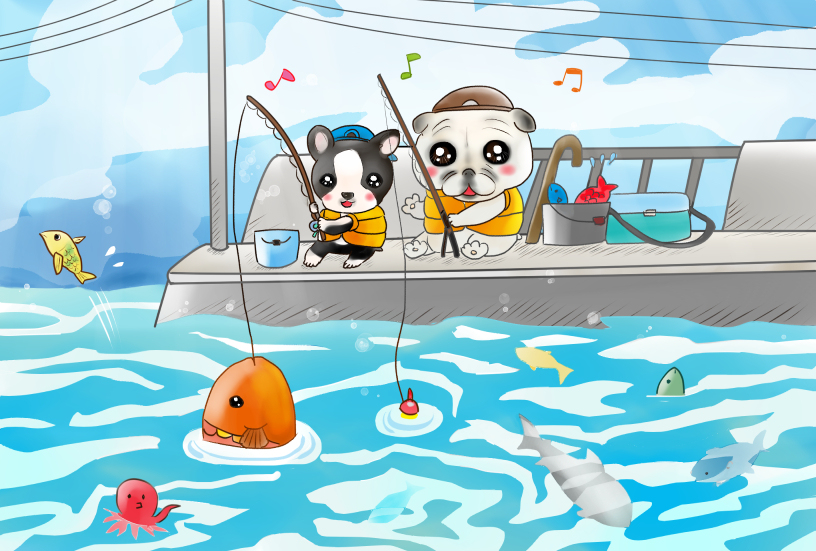 お仕事イラスト15「愛犬さんのイラスト」2019 #犬 #釣り #魚 https://t.co/mCCafeamtF 