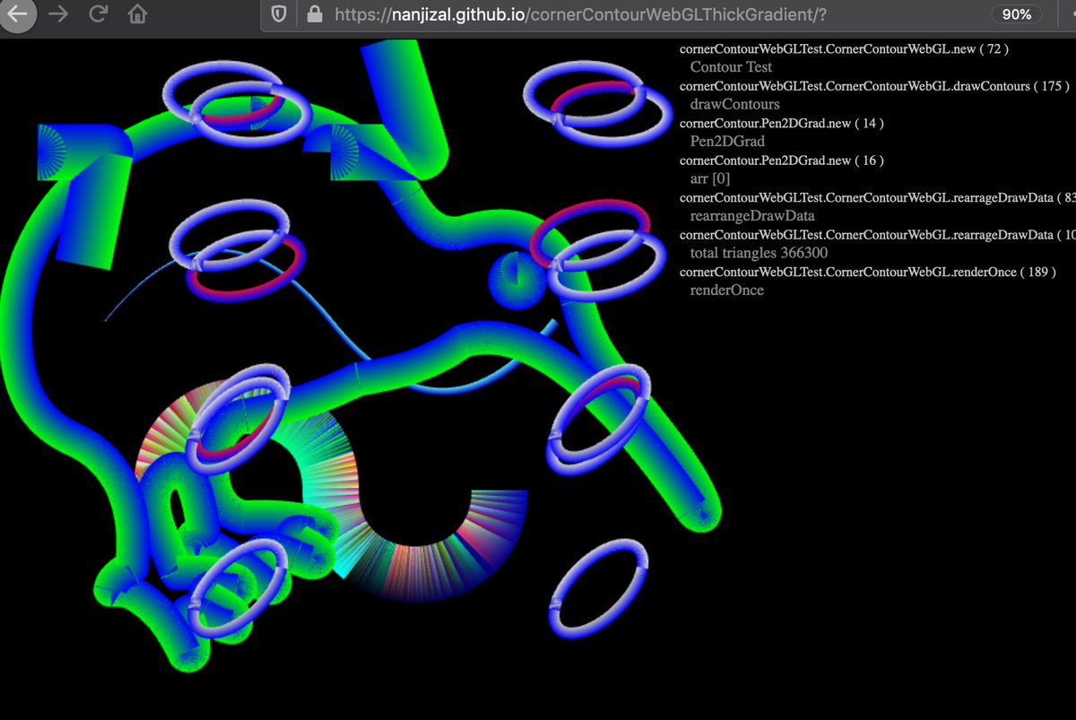 Nanjizal_net's tweet photo. #cornerContour has some thickness gradient implemented, I think it might be long and painful to iron out every bug and may not be soon. 
But rough version is fun, all source online, welcome to dig into ContourGrad class and pull fixes!
#webgl #haxe
https://t.co/JG8csq27JL? https://t.co/3R33Srv8Ce