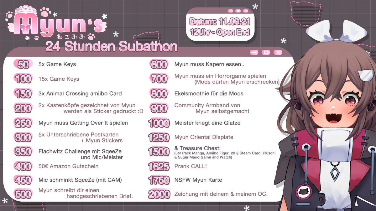 Myunchen_'s tweet photo. Am 11.09.21 um 12 Uhr startet mein erstes 24 Stunden Subathon! 🎀Dort gibt es witzige Challenges und coole Verlosungen! Pro Sub, wird der Stream verlängert. 
Sorry an meine Freunde die mit mir "leiden" müssen >:)

Wo? Auf https://t.co/ZPUEugyzTg

Danke an cutie @uwumasterfeya ♥ https://t.co/vv4wS5fv3M