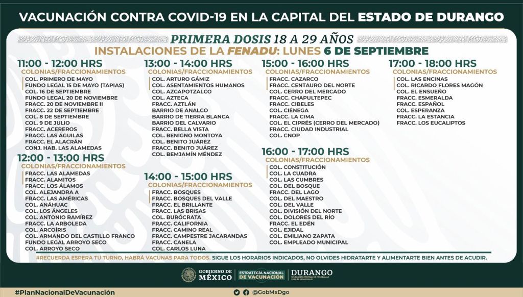 CEC_DGO's tweet photo. El @CEC_DGO les comparte la calendarización del inicio de la jornada de vacunación para jóvenes de #18a29 años que inicia este #6deSeptiembre. https://t.co/NzGJaoTJ5u