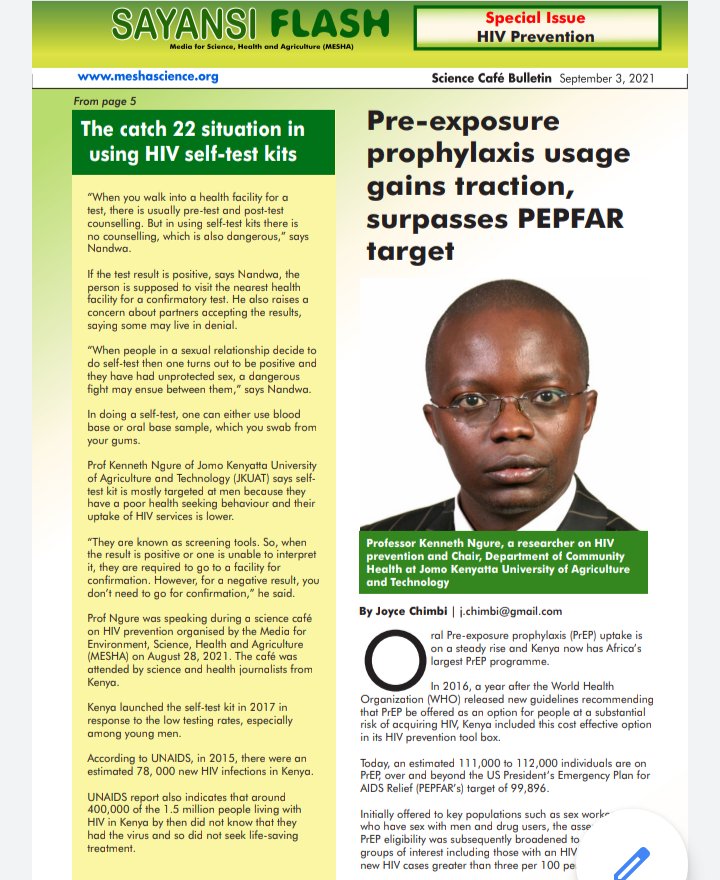 Kenya launched the self-test kit in 2017 in response to the low testing rates, especially among young men.
<a href="/MeshaScience/">MESHA Science</a>