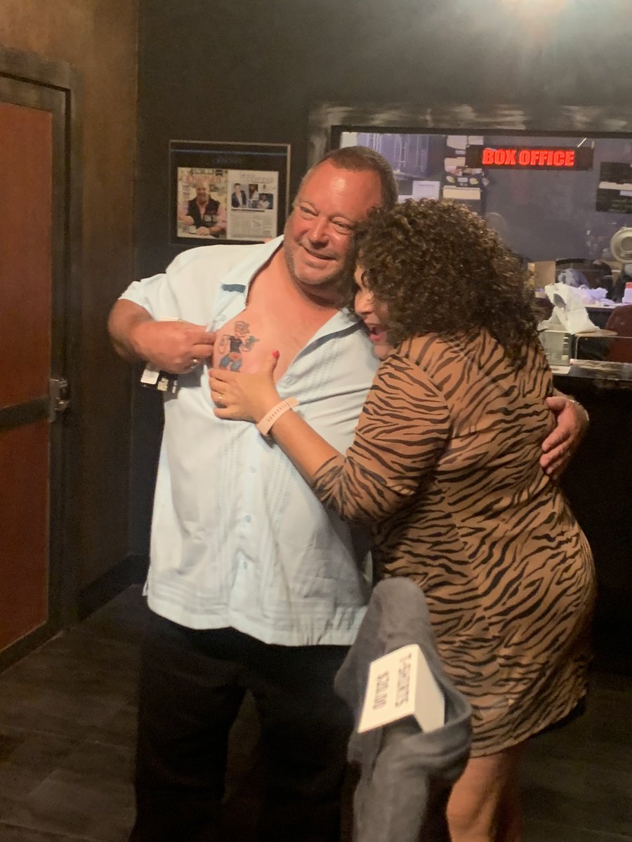 VickiBarbolak's tweet photo. Zoom in on the Popeye tattoo on this guy at last nights show! Don’t show the kiddies it’s XXX! #bocablackbox #trailernasty https://t.co/s72oQo2tM6