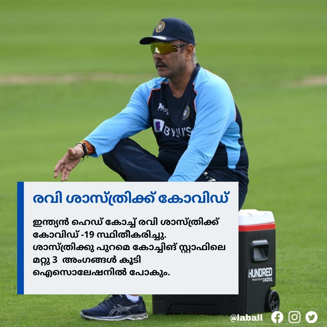laball_cricket's tweet photo. ഇന്ത്യൻ ഹെഡ് കോച്ച് രവി ശാസ്ത്രിക്ക് കോവിഡ്-19 സ്ഥിതീകരിച്ചു. ശാസ്ത്രിയോട് അടുത്ത് ഇടപഴകിയ ബൗളിംഗ് കോച്ച് ഭരത് അരുൺ, ഫീൽഡിങ് കോച്ച് ശ്രീധർ, ഫിസിയോ നിതിൻ പട്ടേൽ എന്നിവർ ഐസൊലേഷനിൽ പോകും.
.
.
.
#RaviShasthri #IndianCricketTeam #Cricket #Malayalam #LaBall https://t.co/wxZMLFGbuD