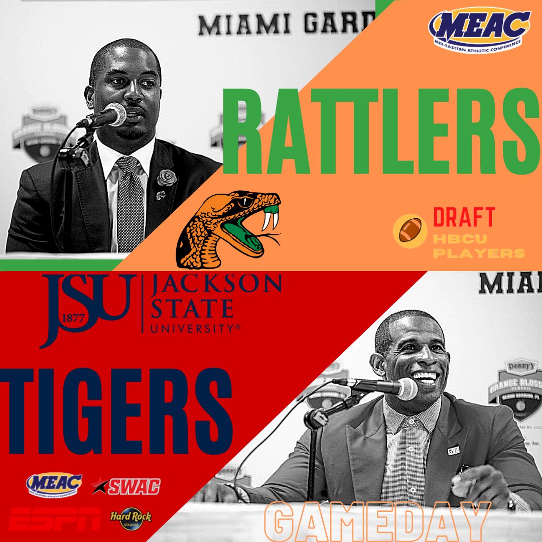 DraftHBCU's tweet image. Good Morning HBCU World! It’s Gameday here in Miami at Hard Rock Stadium for the @orangeblossomfc 🍊

@HCWillieSimmons vs @DeionSanders  🐍🐯

@FAMU_FB vs @GoJSUTigersFB 

And #DraftHBCUPlayers has it all covered today! 🏈
