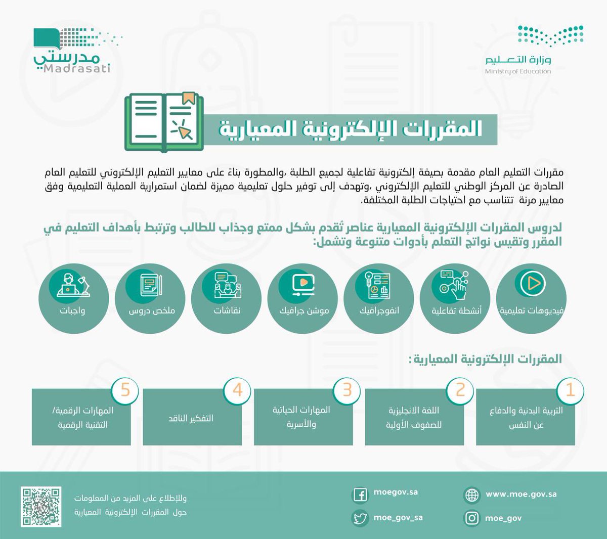 المقررات الإلكترونية المعيارية للتعليم العام؛ بُنِيت وفق معايير تضمن تكافؤ الفرص التعليمية للطلاب بإتاحة المقرر الإلكتروني للجميع، والحصول على تجربة تعليمية موحدة.

للاطلاع على دليل استخدام المقررات الإلكترونية: 
backtoschool.sa/n/page/ebooks.…