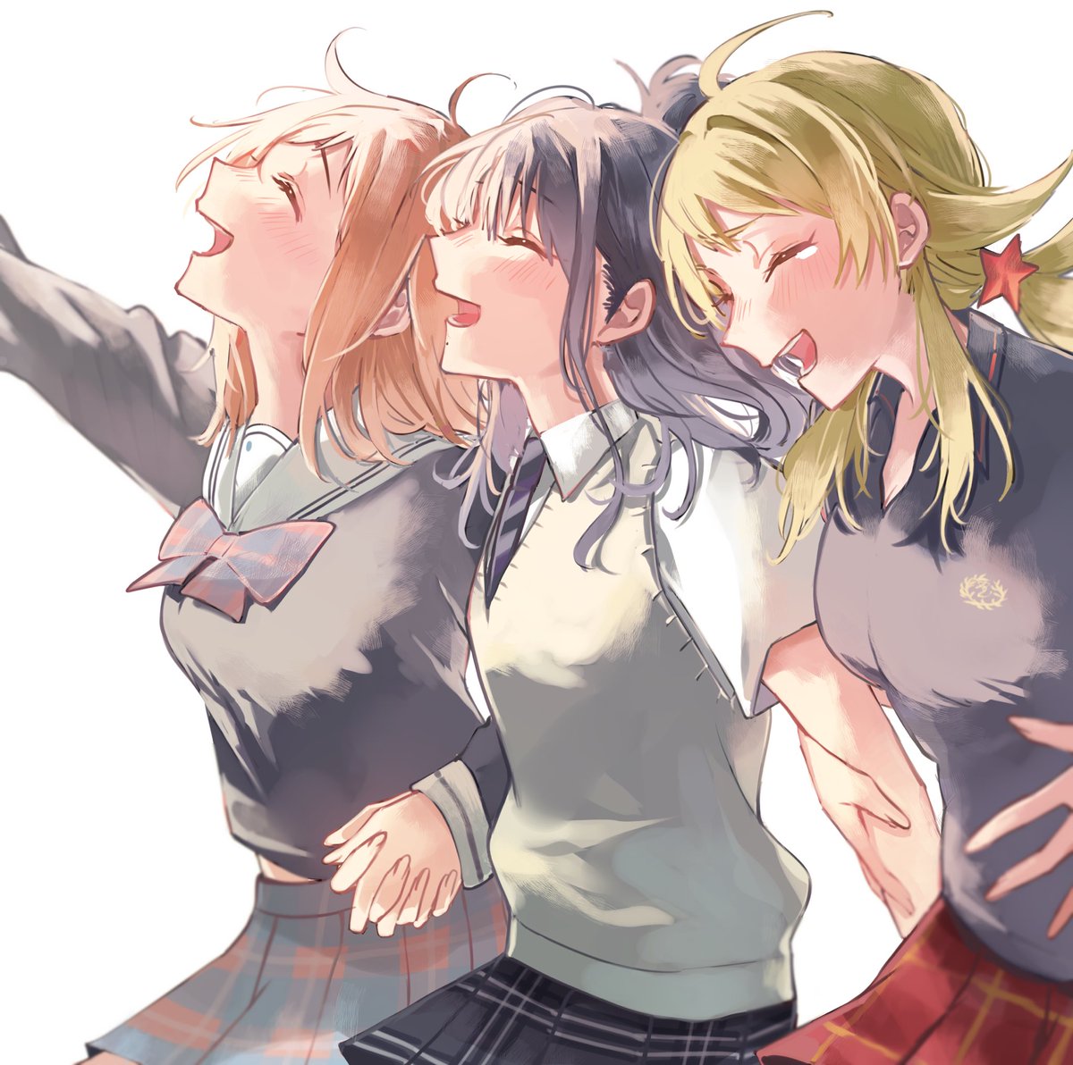 hachimiya meguru ,kazano hiori ,sakuragi mano multiple girls 3girls school uniform skirt closed eyes plaid skirt blonde hair  illustration images