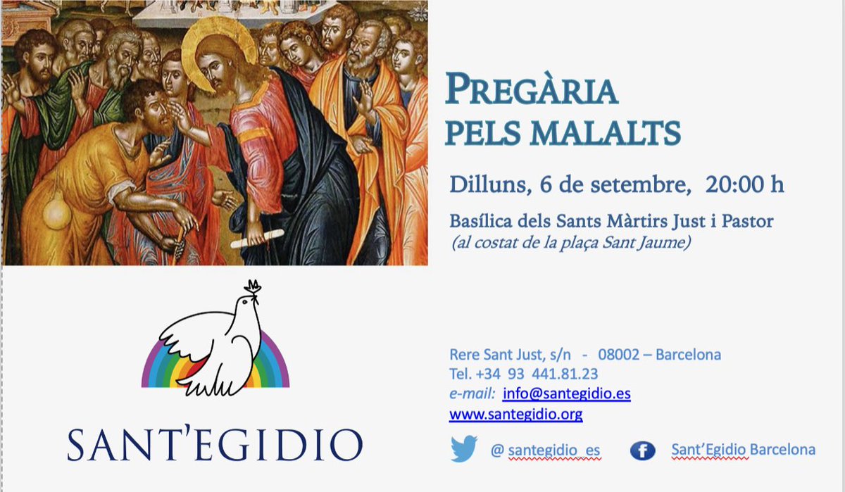 basilicastjust's tweet image. @santegidionews @santegidio_ES ens convida a pregar pels #malalts. Dilluns 6 de setembre a les 20 h. #basilicasantjust