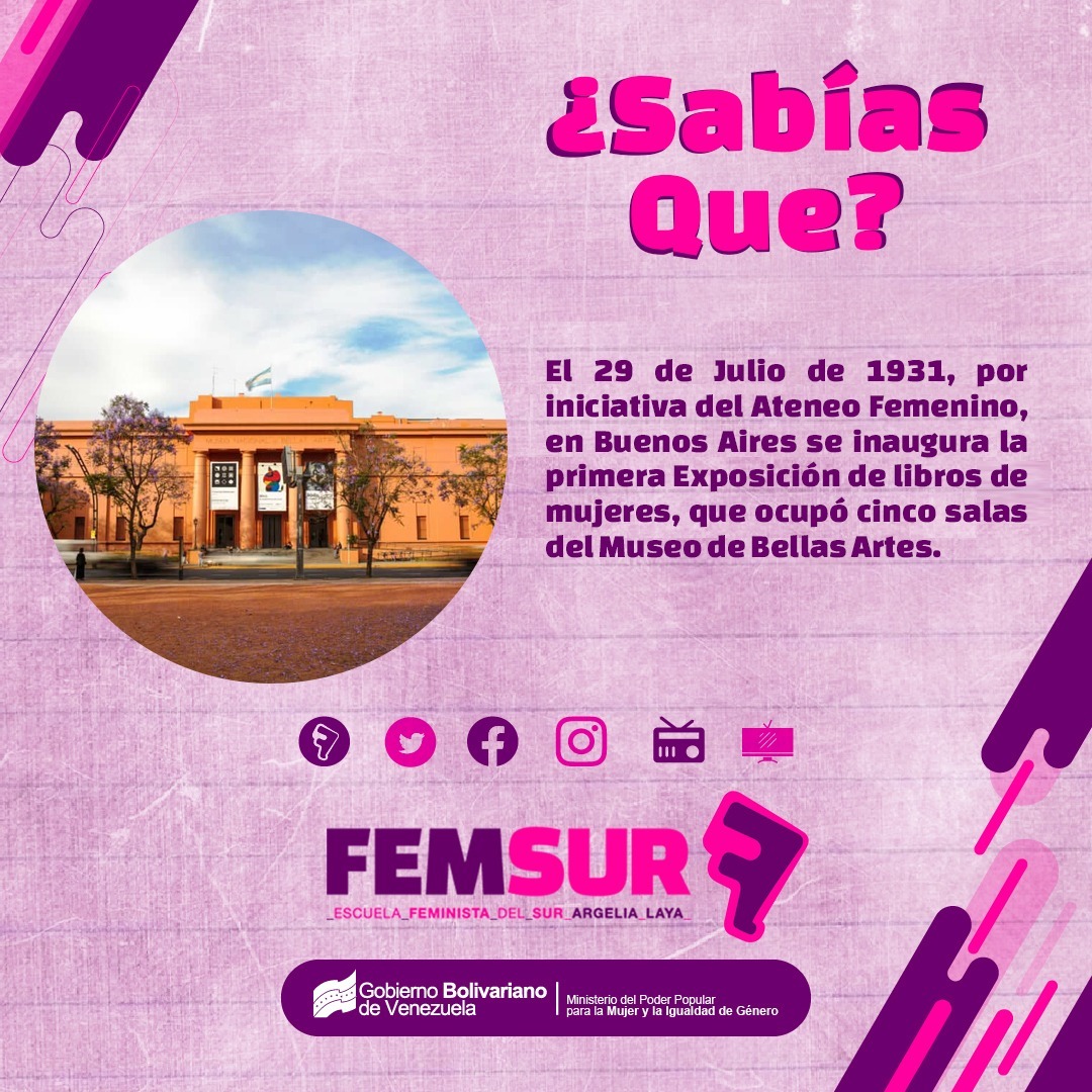 📌 || #SabíasQue el #29Jul de 1931, por iniciativa del Ateneo Femenino, en Buenos Aires, Argentina, se inaugura la primera Exposición de libros de mujeres que ocupó cinco salas del Museo de Bellas Artes. 
 
#UnidadPorLaPatria
@MargaudGpsuv 
<a href="/gladysrequena/">Gladys Requena</a>
