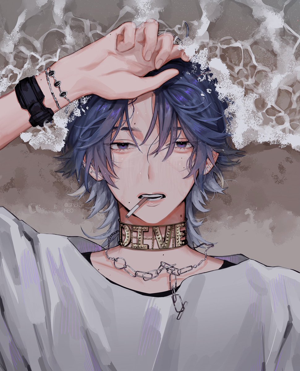 1boy male focus mole solo blue hair jewelry shirt  illustration images