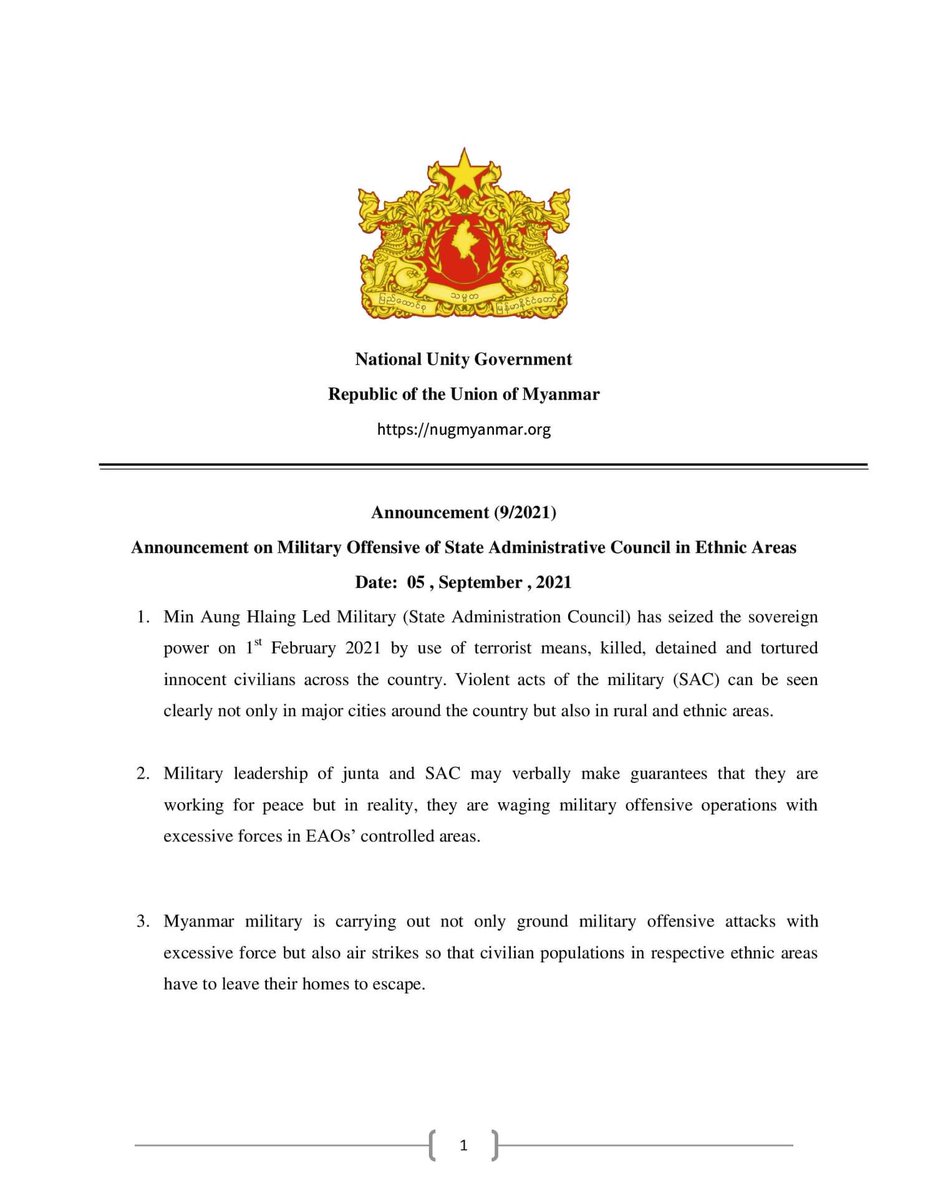 ZinMarAungNUG's tweet photo. NUG statement on the recent offensive attacks by SAC’s armed forces
#WhatsHappeningInMyanmar 
#TakeAction_NoMoreWords
#NUGMyanmar https://t.co/BR9pOFMuy6