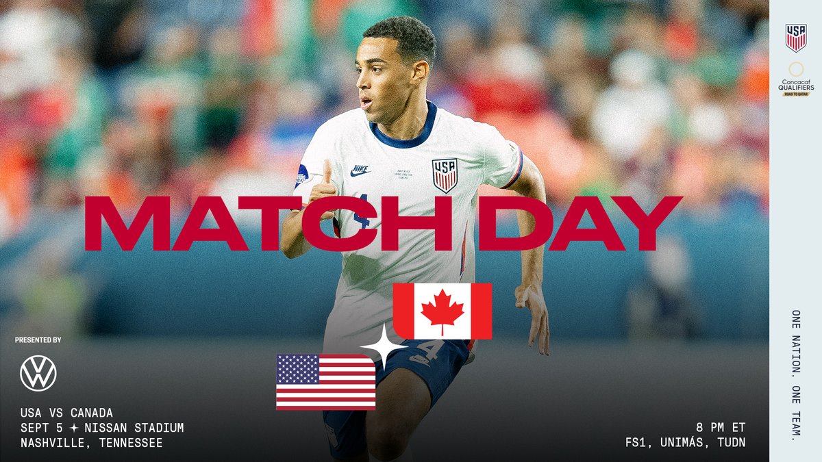 USMNT's tweet image. IT'S HOME #WCQ MATCHDAY! 🙌

Tonight Nashville takes center stage as host of #USAvCAN, presented by @VW.  

🕗: 8pm ET (Kickoff at 8:12pm ET)
📺: FS1, UniMás and TUDN 
🏟: @NissanStadium; Nashville
📝: ussoc.cr/WCQpre2
📲: #USAvCAN #OnlyForward #SoloPalante