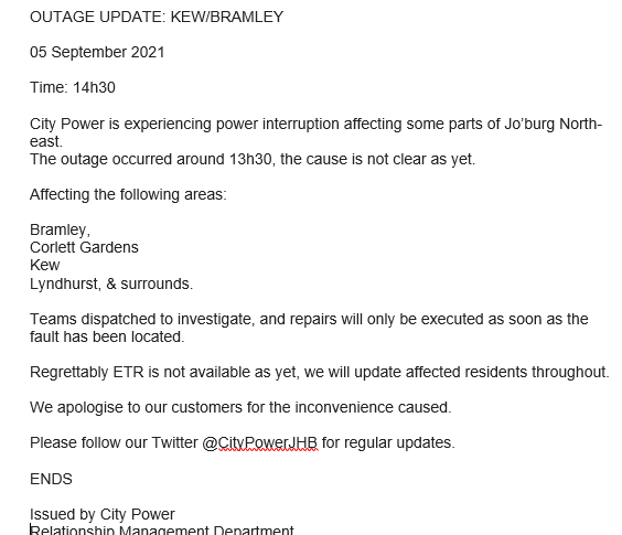 CityPowerJhb's tweet photo. #JoburgUpdates

#KewOutage

City Power is experiencing power interruption affecting some parts of Jo’burg North-east.

We truly regret the inconvenience caused to our affected customers ^👇DR https://t.co/NkJJHgSDl7