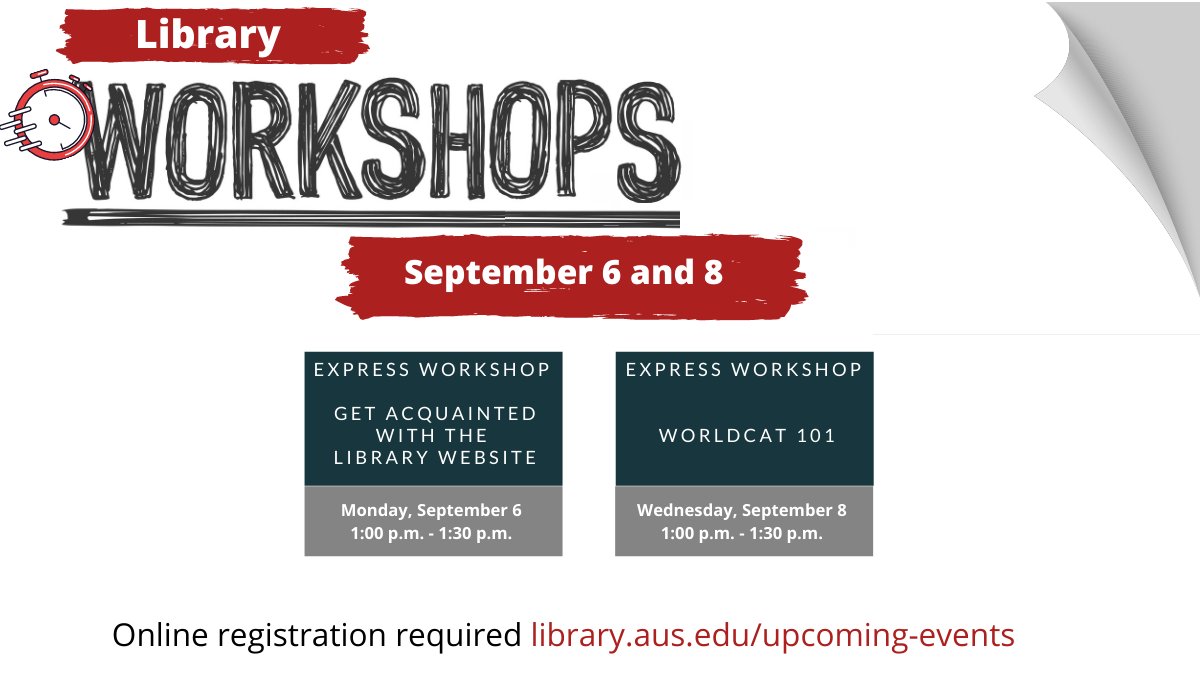 AUS_Library's tweet photo. Join us this week for two virtual Express workshops that will introduce you to the library's website and our resource discovery tool, WorldCat!
Online registration required: https://t.co/BTN4NZwe1x
#workshops #auslibrary #onlinelearning #auslibraryworkshops #libraryworkshops https://t.co/sjF2AvSEi1
