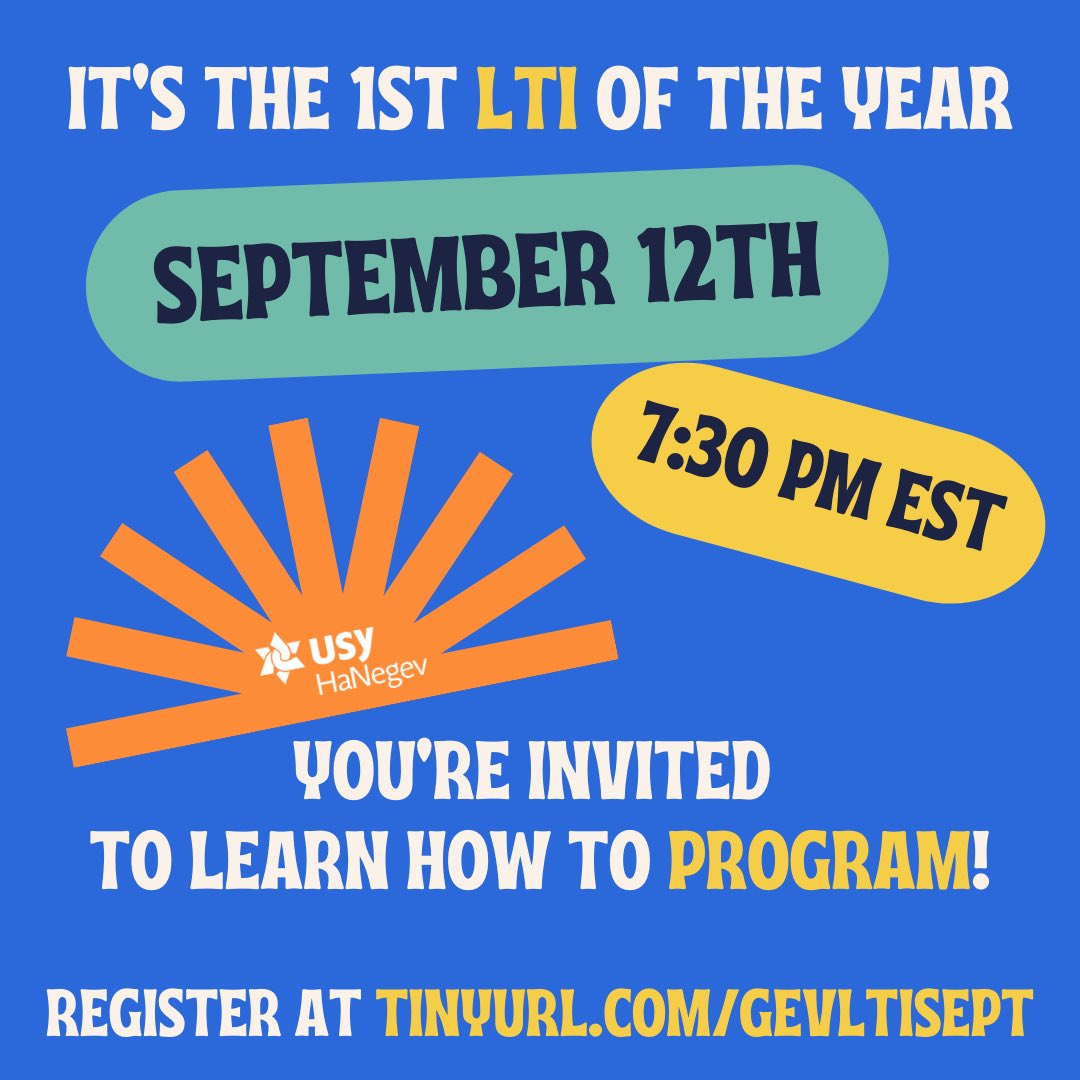 MercazUsy's tweet photo. Everyone get excited for our first LTI of the year next Sunday @ 7:30 PM EST! Sign up at https://t.co/GyVUjdSyO6 to learn how to program while  seeing your HaNegev family! https://t.co/4GM2s0jZAc
