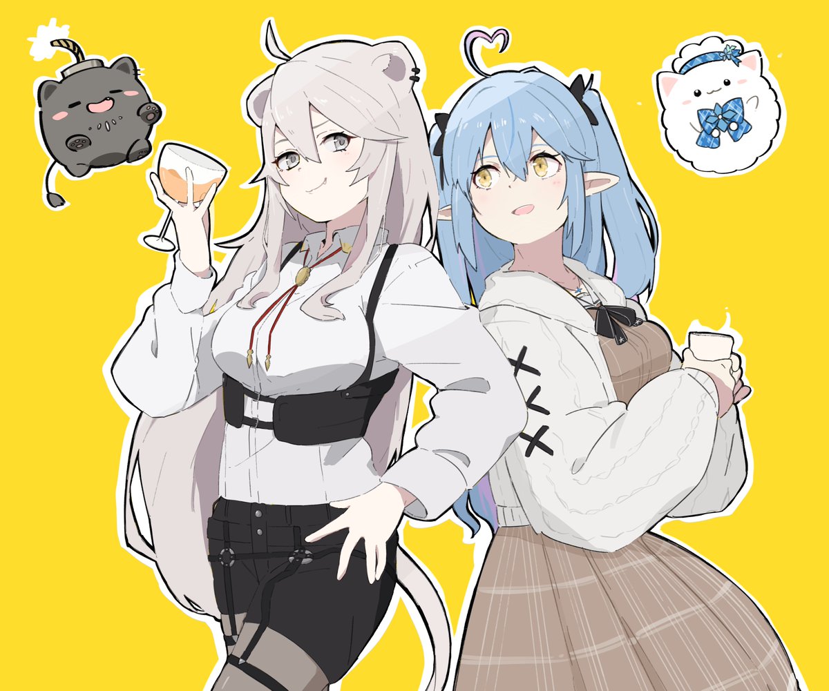 shishiro botan ,yukihana lamy multiple girls 2girls lion ears cup grey hair animal ears yellow background  illustration images