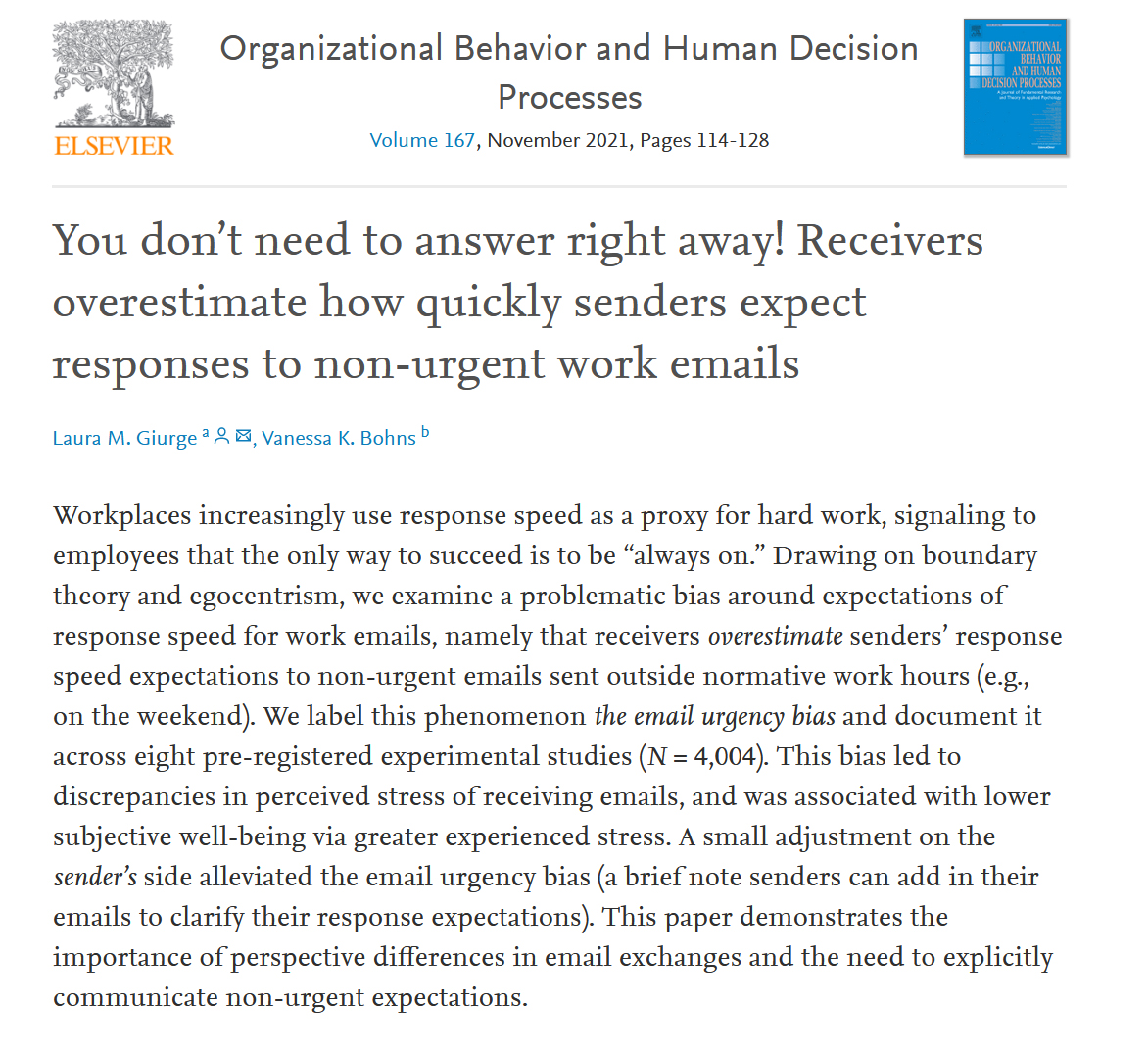 AdamMGrant's tweet photo. Emails in your inbox are less urgent than they appear.

New data: we think people expect faster night/weekend replies than they actually do—and they underestimate our stress.

Simple fix: "This isn't urgent, so get to it whenever you can."
Or just wait until normal hours to send. https://t.co/tmhGhmYOHn