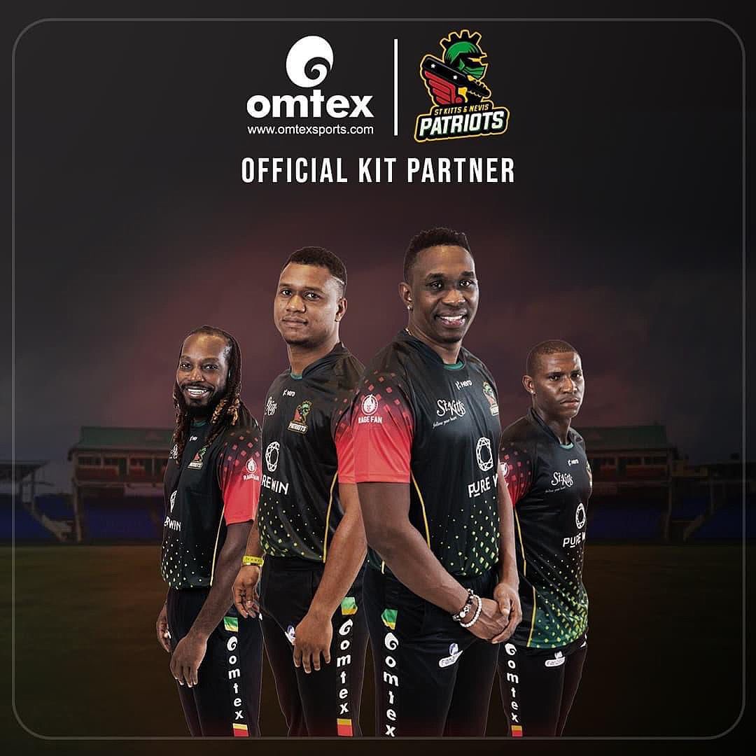 vijayomtex's tweet photo. *Amazing Partnership with @sknpatriots* We've had an amazing time winning 5 back to back games alongside them and look forward to many more winning moments. #stkittsandnevis๐ฐ๐ณ #cpl21 #biggestpartyinsport #omtexsports #officialkitpartner https://t.co/llNcEHe3Ch