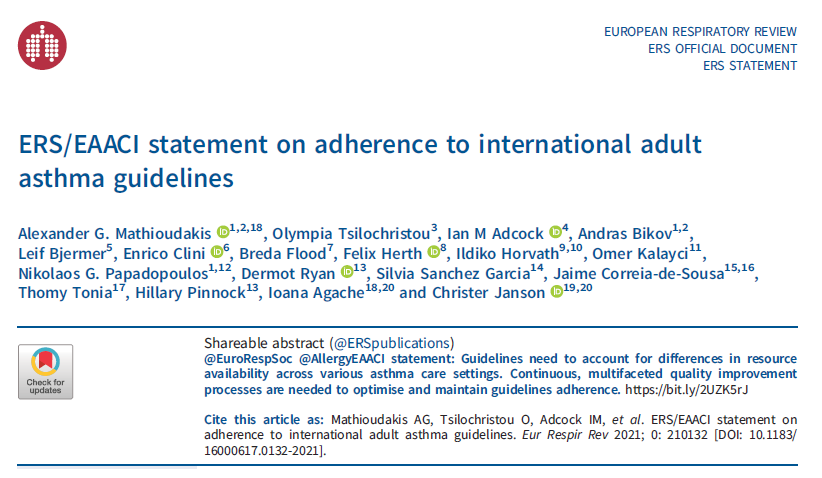 MathioudakisAG's tweet photo. A summary of our @EuroRespSoc / @AllergyEaaci statement on adherence to international adult #asthma #guidelines is available here: 
https://t.co/yRXy96Hbxc 
The document will be published @ERSpublications Eur Respir Rev very soon.
In the meantime - enjoy the ERS congress!! https://t.co/WiFegkbJMR