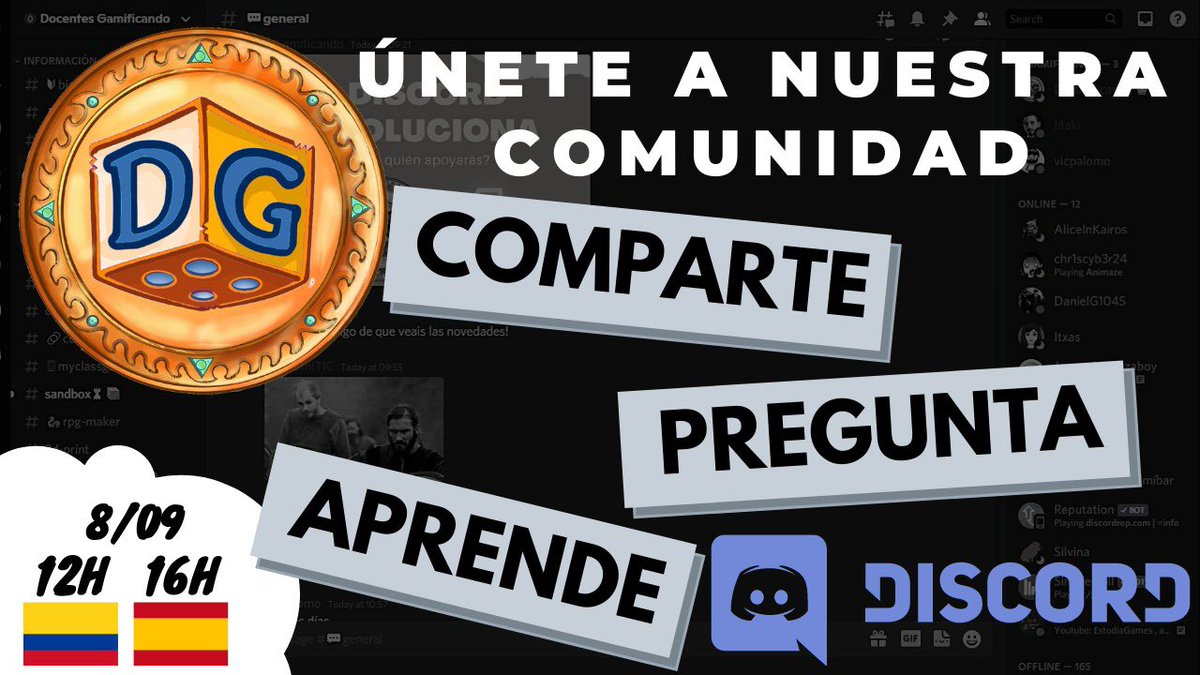 ¡Este miércoles no os lo podéis perder! Much@s nos habéis pedido ayuda con Discord. Esta es vuestra oportunidad de ver todas las muchas posibilidades que esta herramienta nos ofrece y cómo lo aprovechamos en la comunidad de Docentes Gamificando