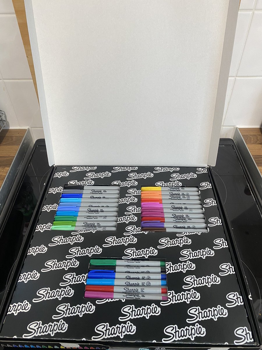 daddeeandco's tweet photo. So I bought 26 new @Sharpie’s today look at the ridiculous size box they came in… Sharpie what has happened to sustainability? https://t.co/UDTzRH7xti