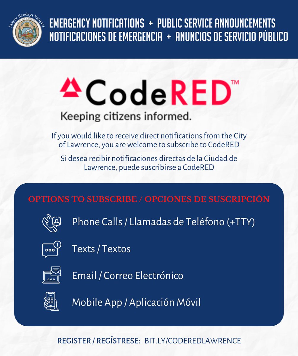 ☎️ In addition to social media, if you would like to receive direct notifications from the City of Lawrence, you are welcome to subscribe to CodeRED.

#LawrenceMA