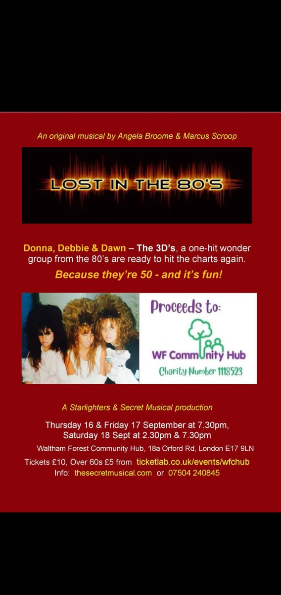 Not long to go til Lost in the 80s goes on raising money for <a href="/wfchub/">WF Community Hub</a>  senior citizens project. This a a great feel good show. Tickets still available ticketlab.co.uk/events/wfchub #Isolation #theatre #musical <a href="/WFConnected/">Waltham Forest Connected</a> <a href="/WalthamstowV/">V17</a>