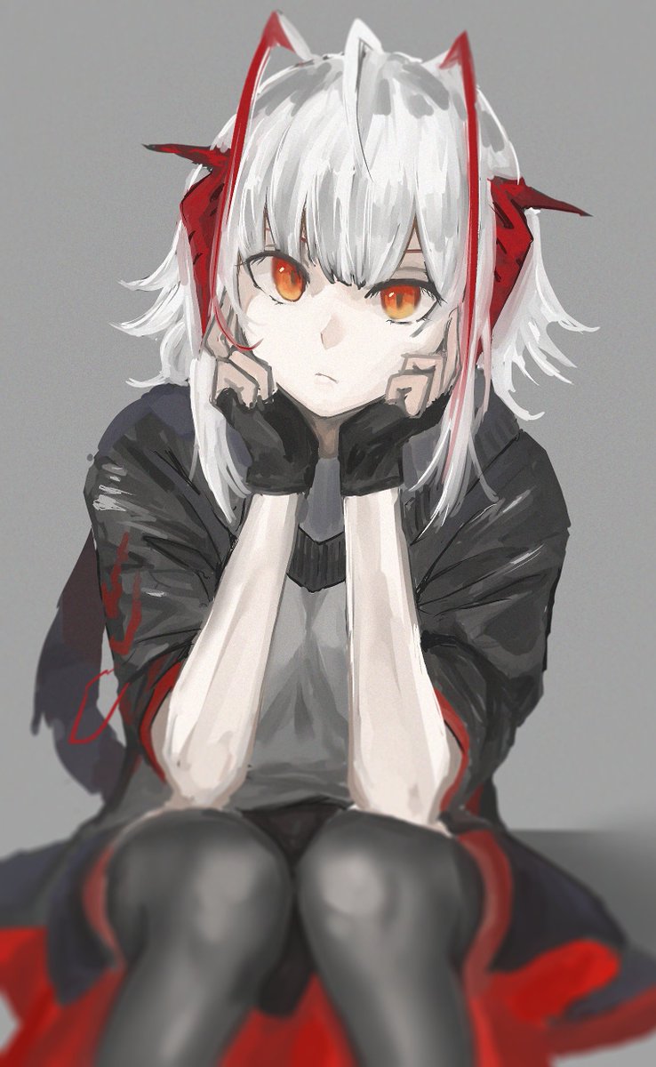 w (arknights) 1girl solo gloves fingerless gloves sitting black gloves horns  illustration images