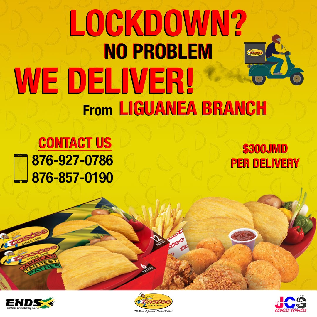 Delivery starting today at 8AM-6PM
Get your favorite Patties, Sandwiches and Meals today
Available Locations:
Portmore: 876-851-3162 / 876-851-3215
Patrick City: 876-853-3926
Liguanea: 876-927-0786 / 876-857-0190
