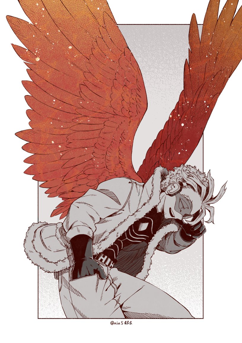 hawks (boku no hero academia) 1boy male focus wings solo feathered wings fur trim jacket  illustration images