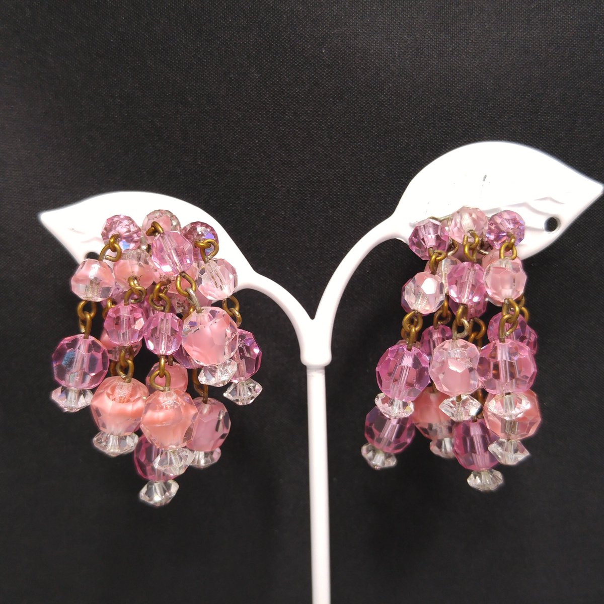 #etsy shop: Pink Beaded Waterfall Earrings, Crystal & Art Glass Beaded Earrings, 1940s Vintage Jewelry etsy.me/2WWJM1C #pink #clear #women #glass #midcentury #earlobe #waterfallearrings #chandelierearrings #1940searrings