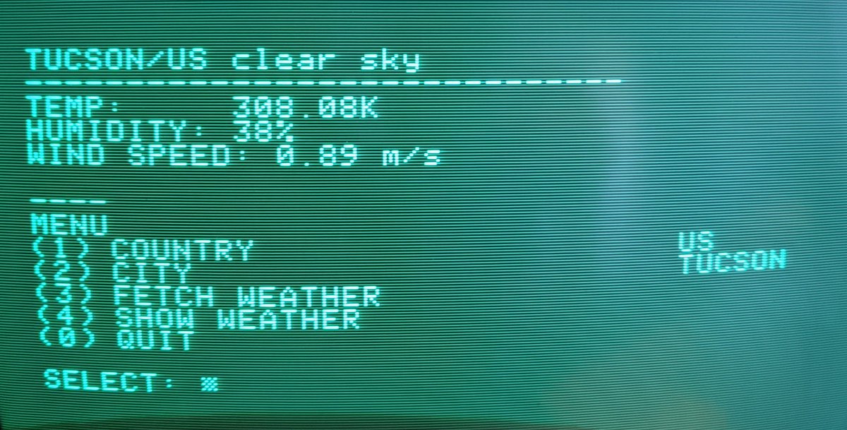 Here is my IIe running a BASIC program that communicates with the Apple2Idiot card which is using a JSON API to fetch weather data over wifi. Kelvin because I'm an LPL alum yo.  #retrocomputing #apple2forever #siunits