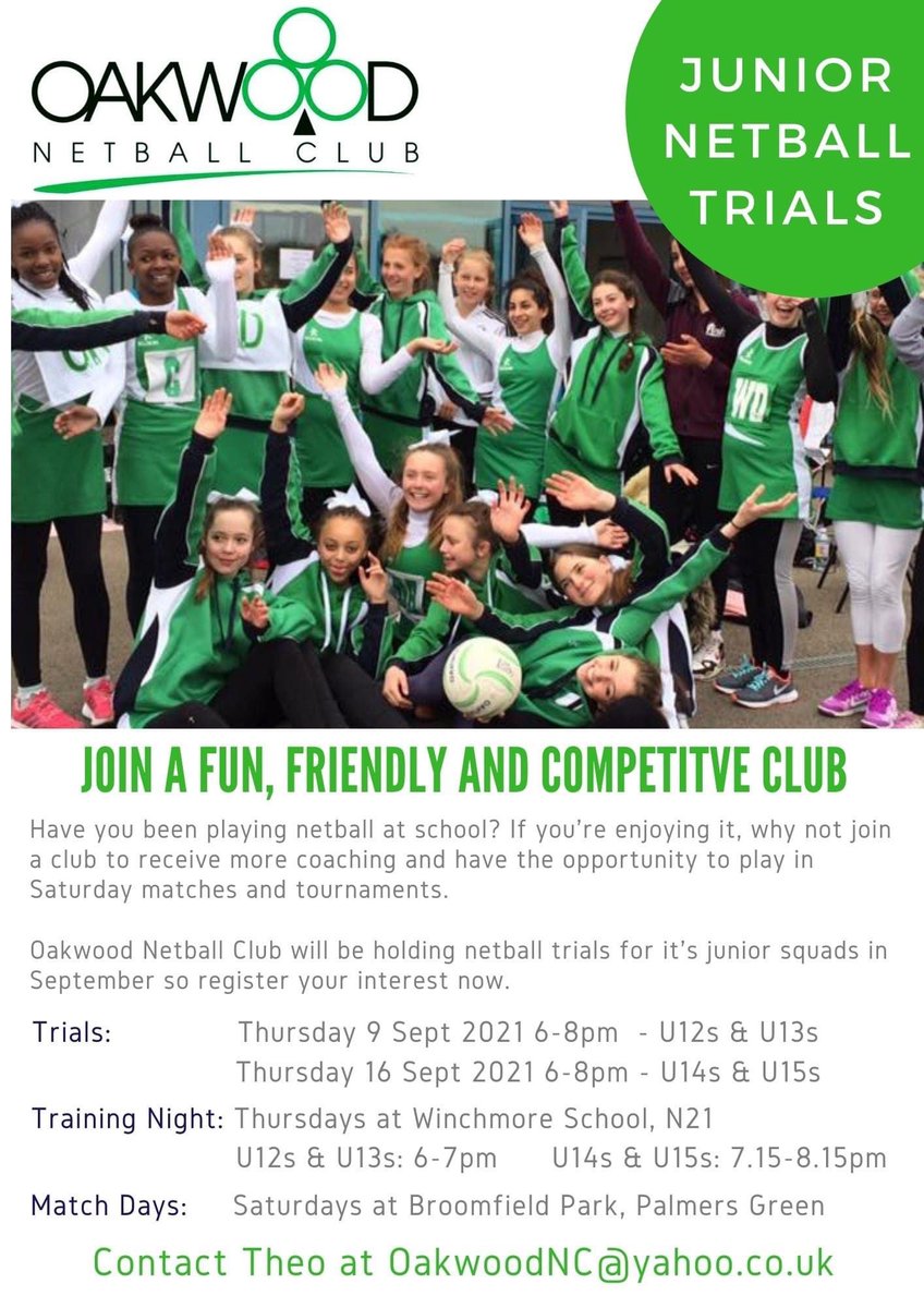 <a href="/OakwoodNC/">Oakwood Netball Club</a> are holding junior netball trials for U12s, U13s &amp; U14s squads so if your daughters/nieces/friends are keen to play more netball &amp; aren't already part of a club then register interest here: 
docs.google.com/forms/d/e/1FAI…. 

Seeing you there <a href="/NLNetballLeague/">North London Netball</a> <a href="/Middx_Netball/">Middlesex Netball</a>