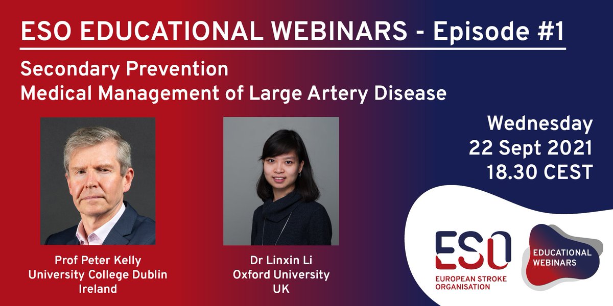 Sign up to take part in the ESO Educational Webinar on 22 September at 18:30. The topic in this episode is Secondary Prevention - Medical Management of Large Artery Disease. This webinar is free but registration is required. #StrokeTwitter 

us02web.zoom.us/webinar/regist…