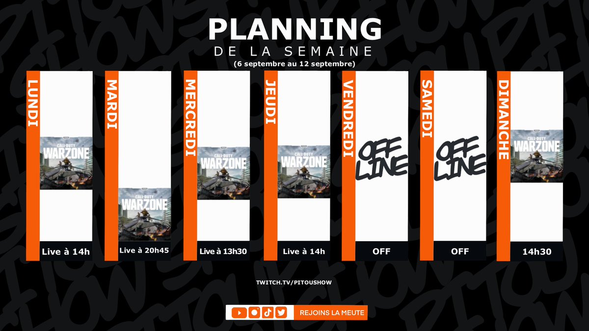 PitouShow's tweet image. Le planning du 6 au 12 septembre est la ! Ca va etre chaud cette semaine 🔥
Soyez au RDV la meute !🐶
@PetitsStreams
#stream #twitch  #verdansk #callofduty #warzone #battleroyale #pitoushow #lameute #letsgo #livestream #chaud #partagez #semaine  #ready #callofdutymodernwarfare