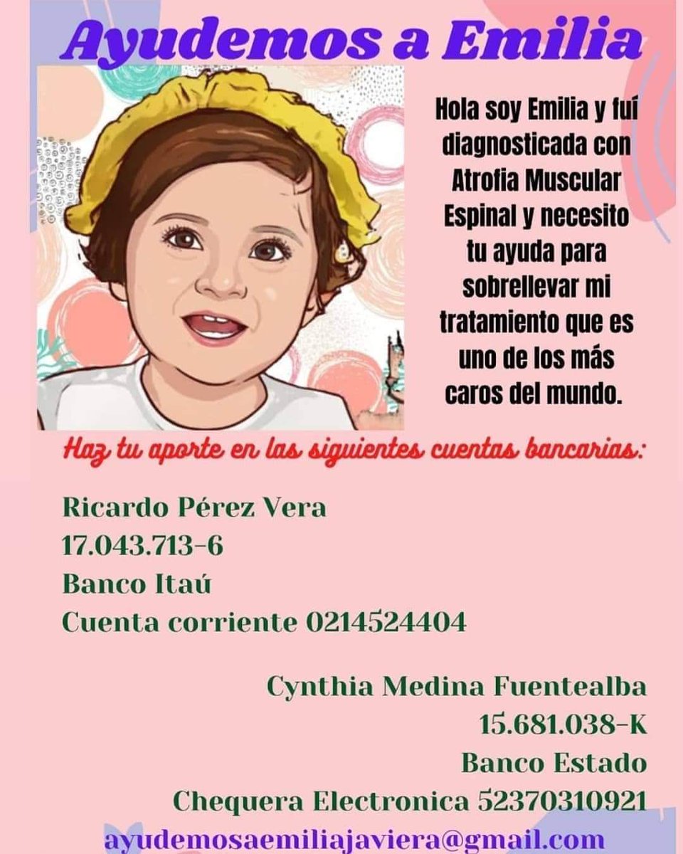 PiponIgnacio's tweet image. Ella es mi sobrina Emilia de 1 año 7 meses que tiene Atrofia Muscular Espinal II, su tratamiento es uno de los más caros del mundo.youtu.be/a9UWbreDdTw
Puedes aportar
Cuenta Corriente - Banco Itaú
0214524404
Rut: 17043713-6
Ricardo Pérez Vera
ayudemosaemiliajaviera@gmail.com