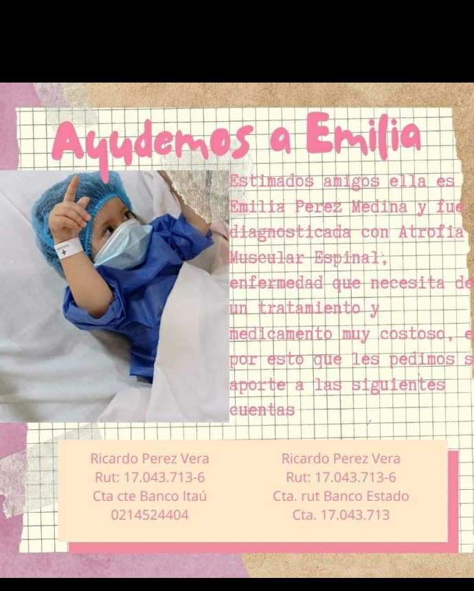 PiponIgnacio's tweet image. Ella es mi sobrina Emilia de 1 año 7 meses que tiene Atrofia Muscular Espinal II, su tratamiento es uno de los más caros del mundo.youtu.be/a9UWbreDdTw
Puedes aportar
Cuenta Corriente - Banco Itaú
0214524404
Rut: 17043713-6
Ricardo Pérez Vera
ayudemosaemiliajaviera@gmail.com