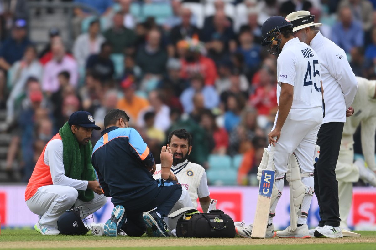 BCCI's tweet image. UPDATE -  Rohit Sharma and Cheteshwar Pujara will not take the field. Rohit has discomfort in his left knee while Pujara has pain in his left ankle. The BCCI Medical Team is assessing them. 

#ENGvIND