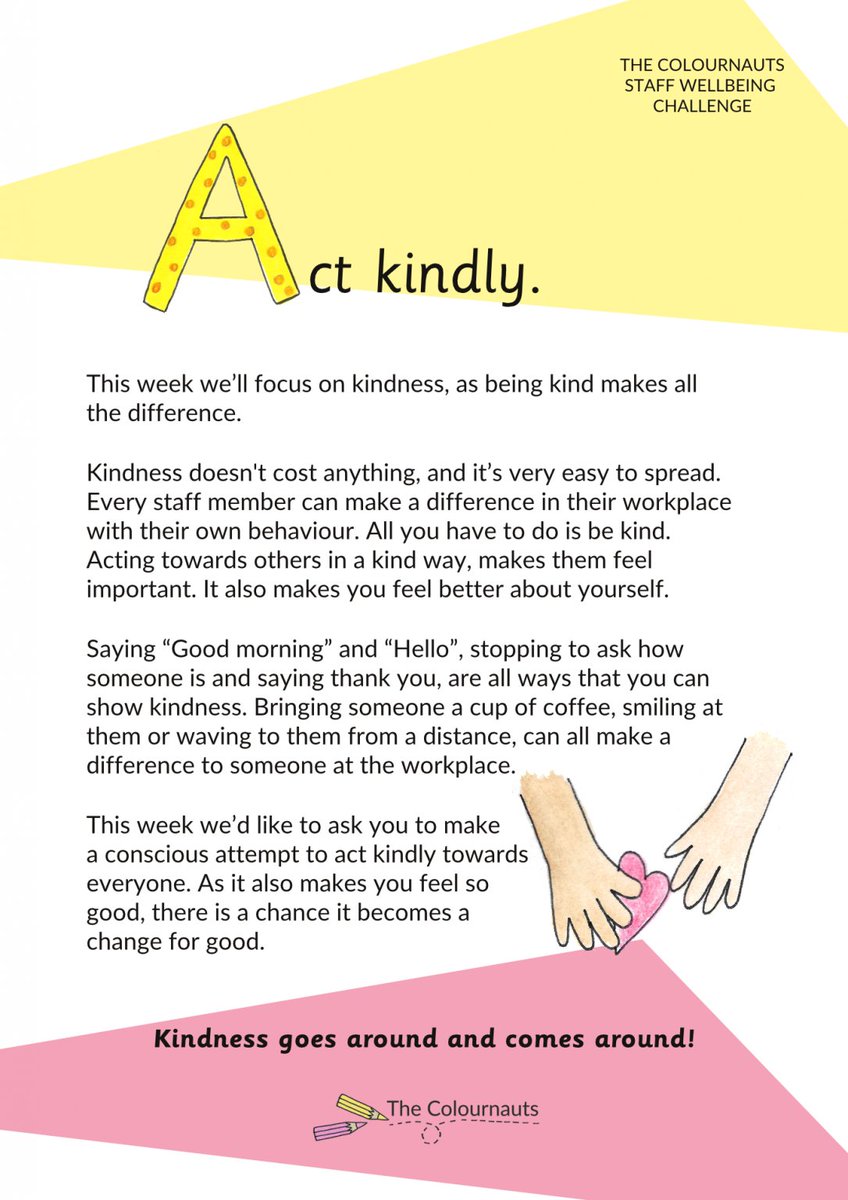 colournauts's tweet photo. A for acting kindly! 
Next week is all about kindness!

Take part in our staff wellbeing challenge! Print free resources from https://t.co/wPs2ikOQ7q Please RT so others find the free resources as well! #Wellbeing #staffwellbeing #returntooffice #returntowork https://t.co/aj9vAEyQjK