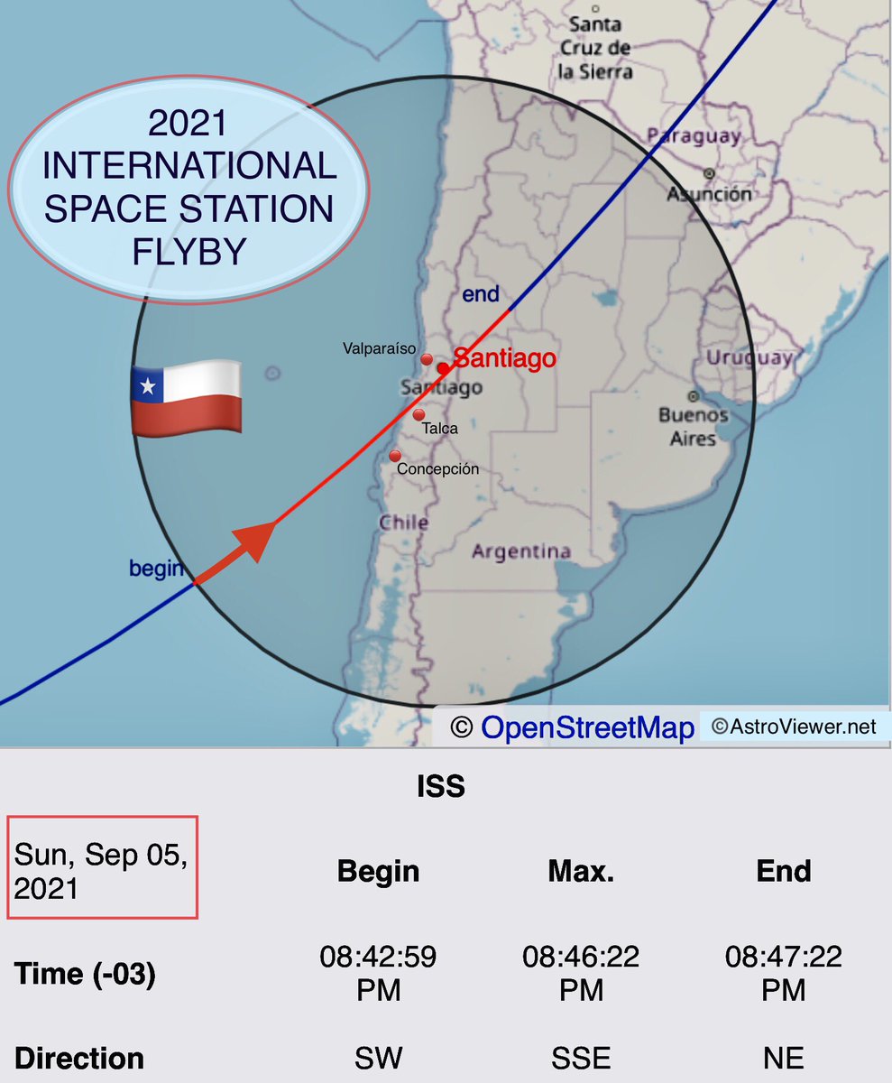 IgnazioMagnani's tweet image. 🇨🇱
¡Ñuble!
¡Maule!
¡Biobío!
¡O’Higgins!
¡Valparaíso!
¡Santiago!
La Estación Espacial Internacional se podrá ver hoy a simple vista (si las nubes lo permiten) en todas partes a las 20:45
   
 📲
   pon alarma
   toma foto
   
65 spacefacts.de/english/e_toda…
🌎Yo vigoalminuto.com/2019/07/04/ign…