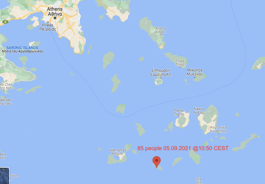 alarm_phone's tweet photo. 85 people adrift near Folegandros island on #Aegean Sea

We received the distress this morning &amp; alerted @HCoastGuard who now told us they have not found the boat &amp; are still investigating. The people are not reachable since this morning. We fear another illegal #pushback https://t.co/bp0bQoTDxK