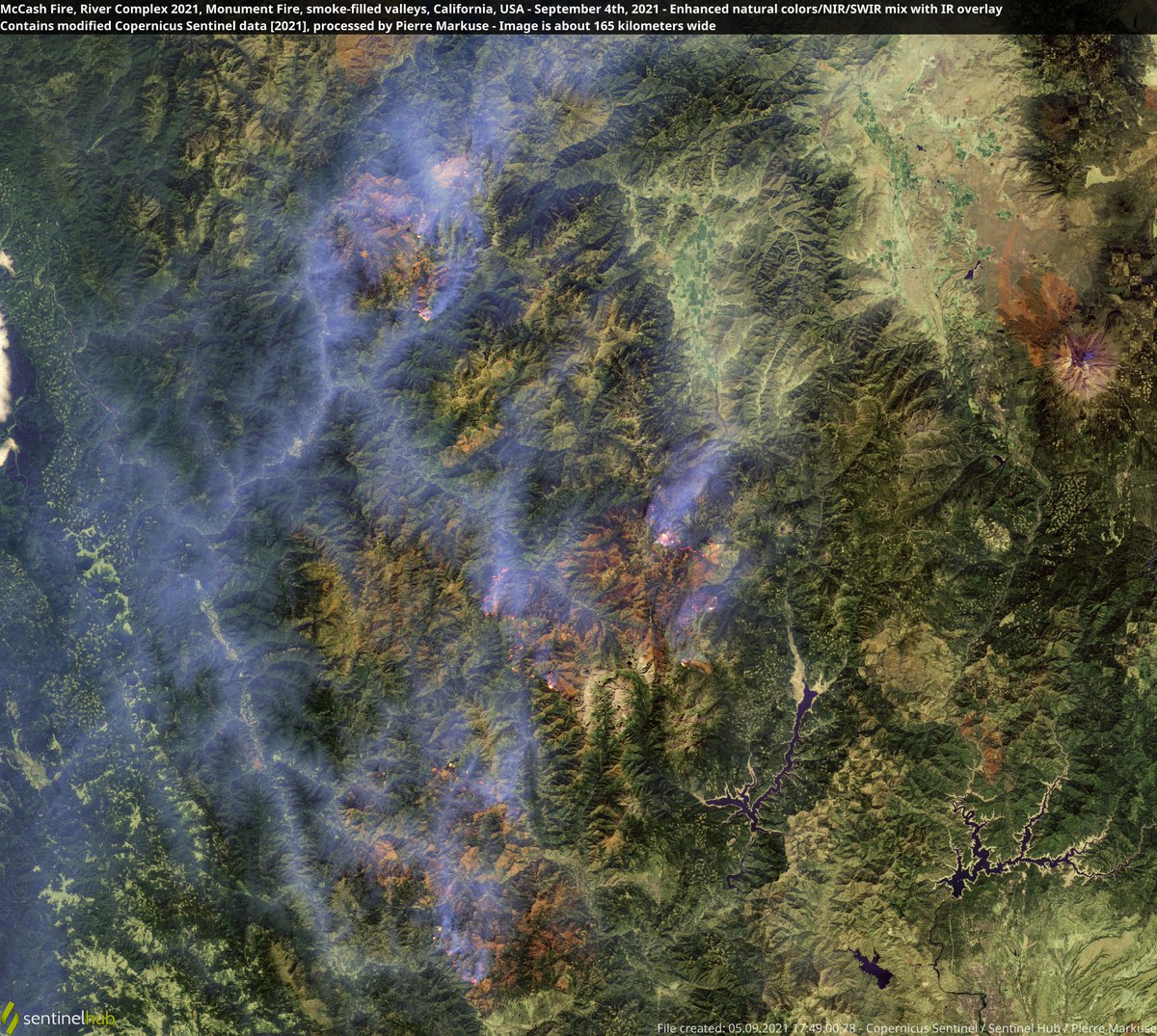 Satellite image of the McCash Fire, River Complex 2021, Monument Fire, smoke-filled valleys, California, USA. 4 Sep 2021. Copernicus/Pierre Markuse