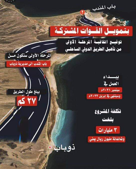 #انفوجرافيك: بتمويل #القوات_المشتركة وبتكلفة 3 مليار وثمانمائة مليون ريال التوقيع على مشروع تأهيل الطريق الدولي الرابط بين #عدن  و #الحديدة من مدينة #ذوباب الى #باب_المندب كمرحلة أولى