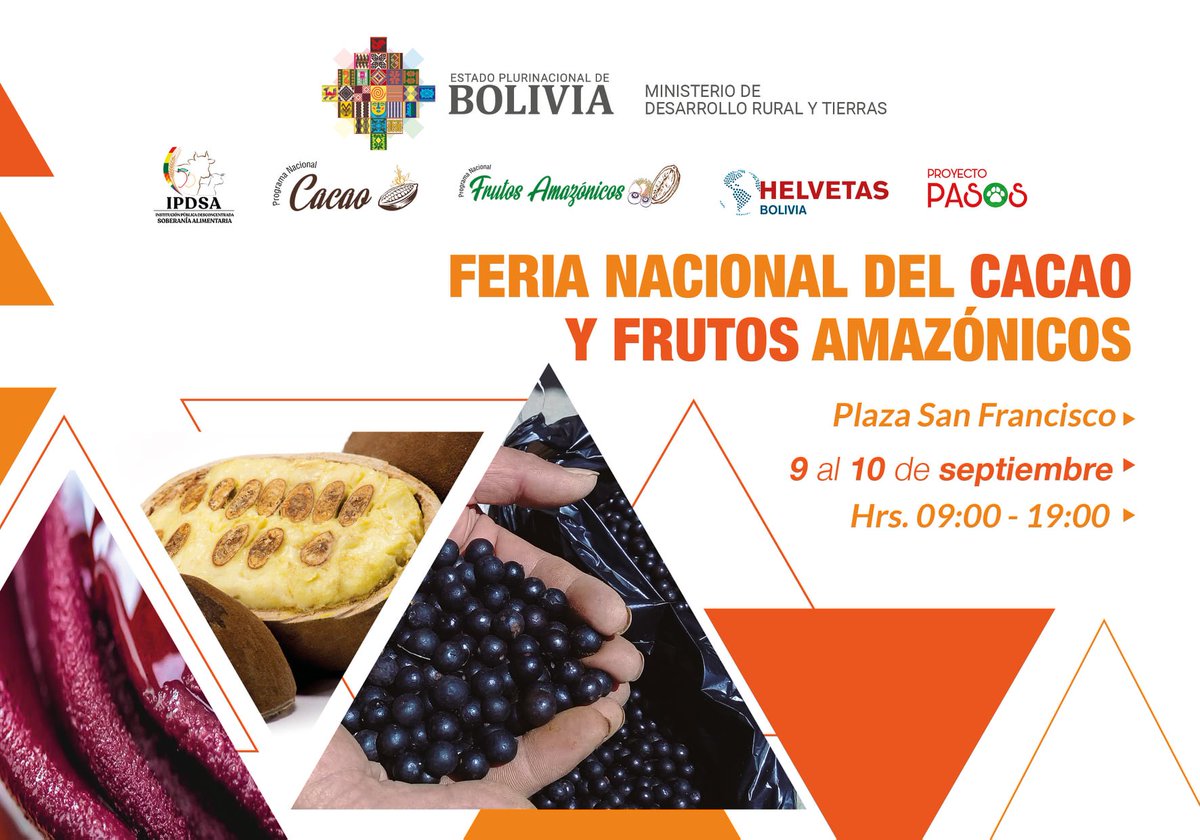 HelvetasBolivia's tweet photo. ¿Helado de #copoazú o un refresco de #asaí?
Ven este 📆9 y 10 de septiembre a la Plaza de San Francisco de 9:00 a 19:00 a la Feria Nacional de Cacao y Frutos Amazónicos. #MDRyT, #IPDSA, los programas nacionales de cacao y frutos amazónicos, y el proyecto PASOS de #Helvetas. https://t.co/YJE4iVISdK