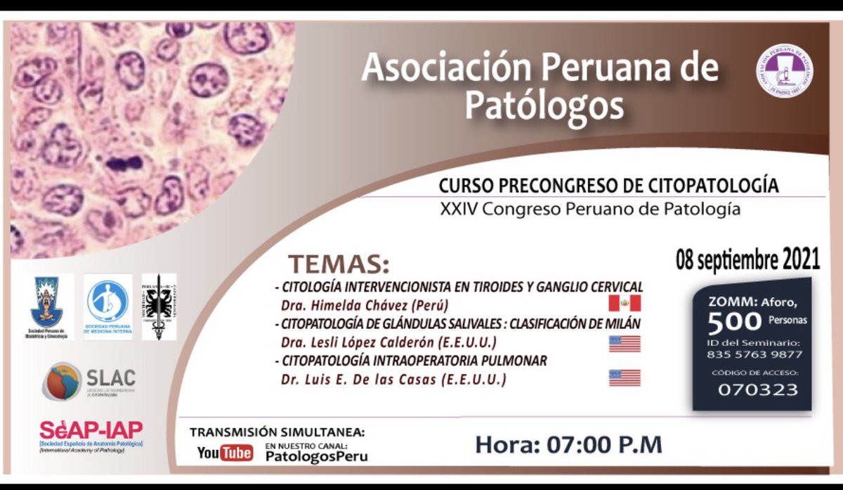 GrisneryMt's tweet photo. Hola, 

lo invitamos a unirse al seminario web Zoom. 
Cuándo: 8 sept. 2021 07:00 p. m. Lima 
Tema: CURSO PRECONGRESO DE CITOPATOLOGÍA

Inscríbase en la fecha y horario que más le convengan: 
https://t.co/6YEZn6mxYI https://t.co/uKaHhYUpL0