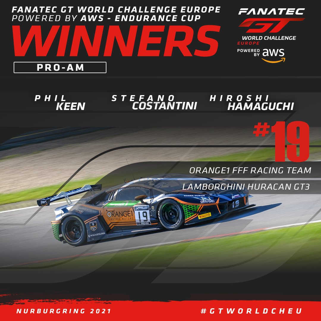 GTWorldChEu's tweet photo. And completing the @LamborghiniSC clean sweep in the Eifel region, it's @FFFracingteam once again in the Pro-Am stakes! 👏

It all looked to have slipped away in the final laps, but the #19 takes the spoils in Germany! 🇩🇪

#GTWorldChEu 🏁 @fanatec https://t.co/GVH3NwQIYH