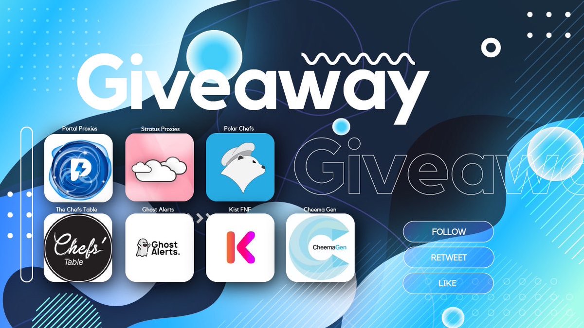 🥳Huge Giveaway!🥳 2x 2 GB @portalproxies 1x 2 GB @stratusproxies 1x Monthly @polarchefs 1x Monthly @table_of_chefs 2x Monthlies @ghostalerts 1x Monthly @kist_fnf 1x Renewal Key @cheemagen 📌Rules: -Follow all accounts! -Like & RT! -Tag a Friend (Unlimited Entries) ⏱48 Hours