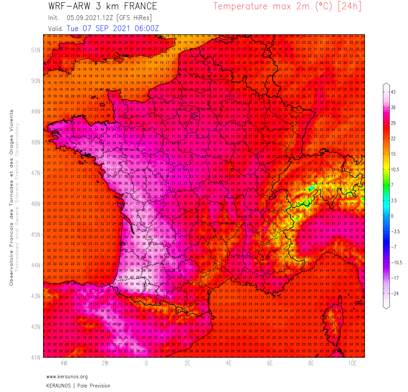 Le modèle ARW 3 km semble trop chaud par rapport au reste du panel mais le potentiel est là pour des records mensuels mardi dans l'ouest.
Pour l'anecdote, des valeurs de 40°C ont déjà été relevées en septembre en France (en 2016 dans les Pyrénées-Atlantiques, en 1975 à Ajaccio). 