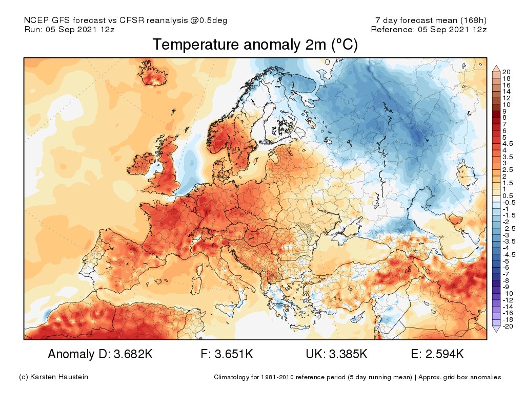 La semaine s'annonce donc chaude sur la France, avec un épisode orageux localement marqué en milieu de semaine. A l'échelle de la France, une anomalie thermique hebdomadaire de +3°C est prévue. 