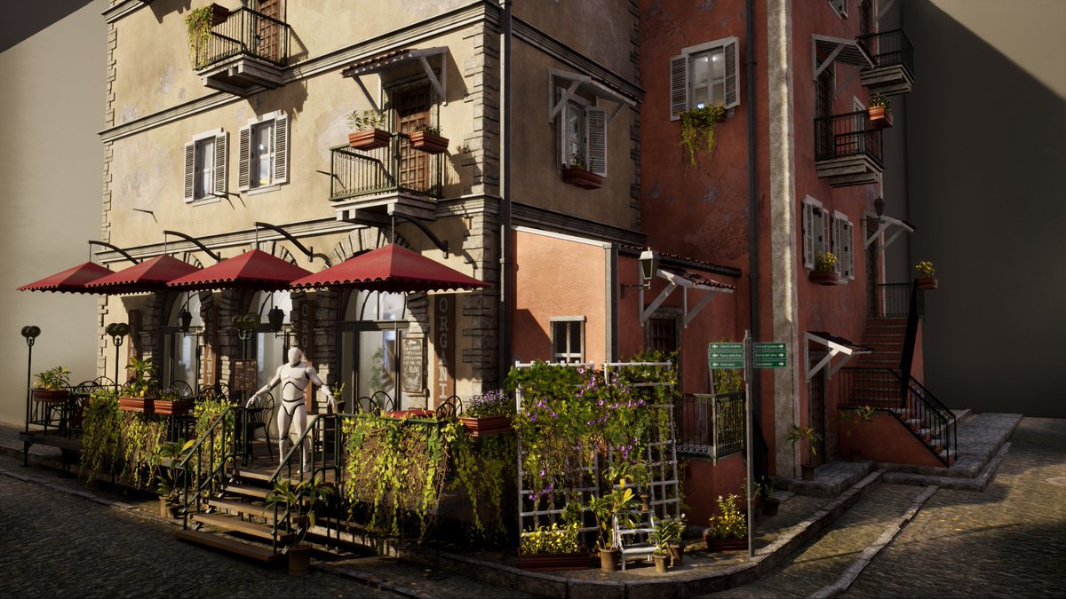 update! ive added a bunch of decals and vertex painted in a few texture variations. ive also changed the camera a little, added hdris in the windows and more greenery overall.