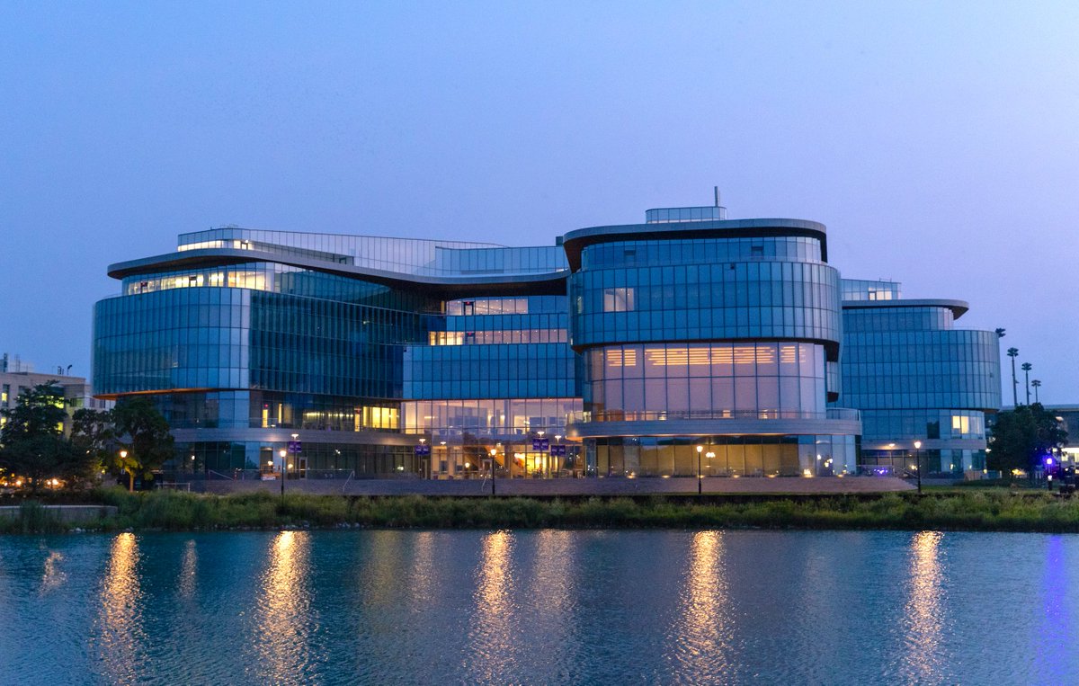 the kellogg school of management at northwestern, just after sunset on the lakefill.